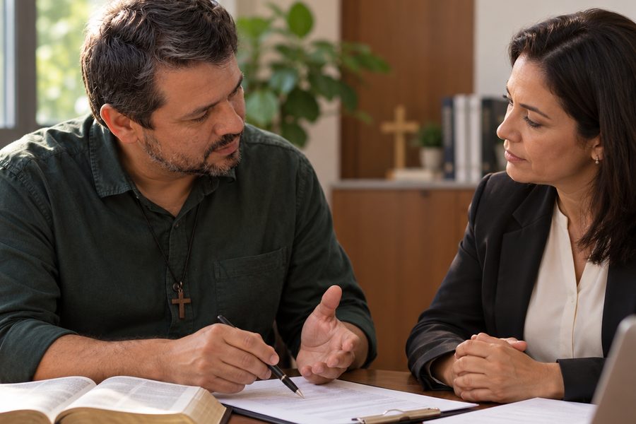 Capelão conversando com uma profissional numa mesa com documentos