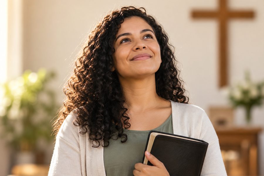 Jovem segurando a Bíblia com expressão de esperança