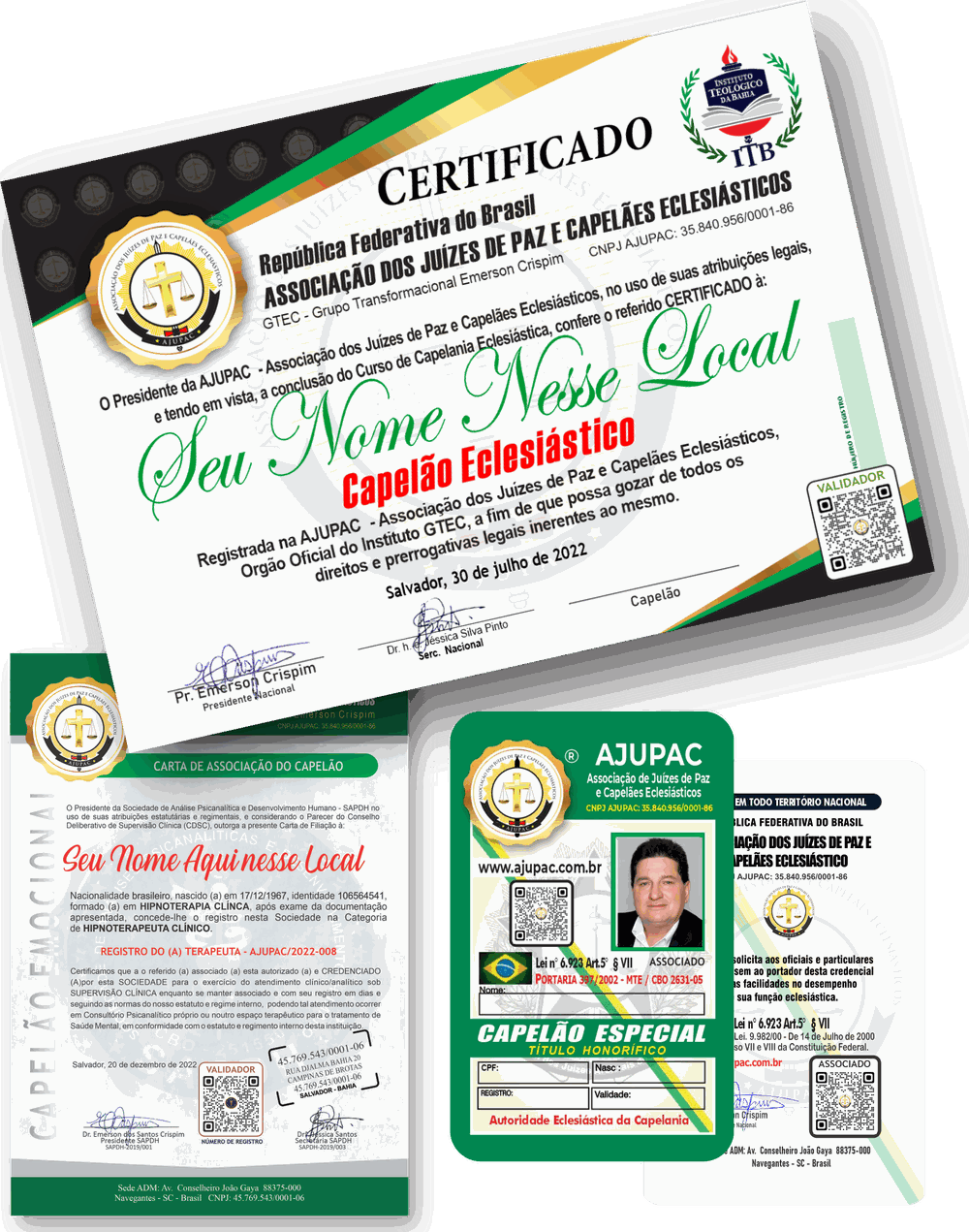 Modelos do certificado, da carta de associação e da credencial de capelão da AJUPAC