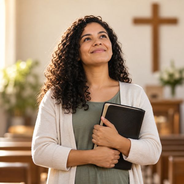 Jovem segurando a Bíblia com expressão de esperança