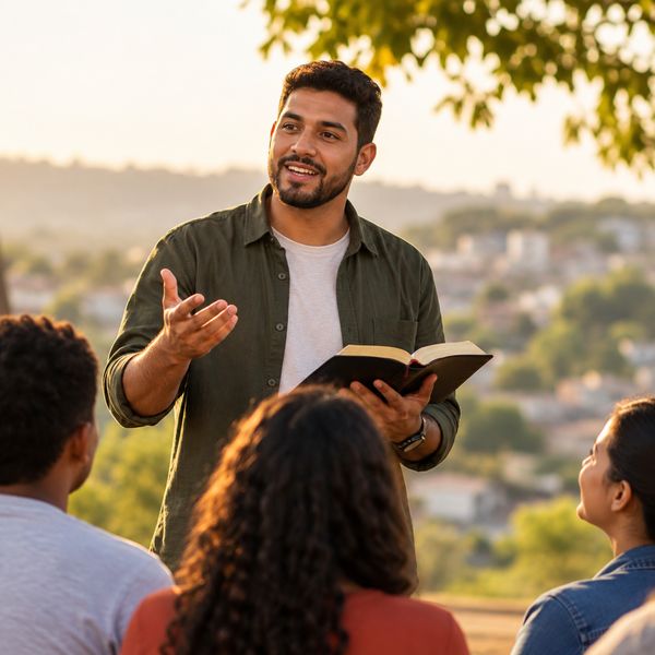 Evangelista falando a pessoas ao ar livre com a Bíblia na mão