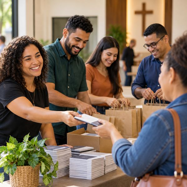 Equipe de um ministério da igreja atendendo pessoas