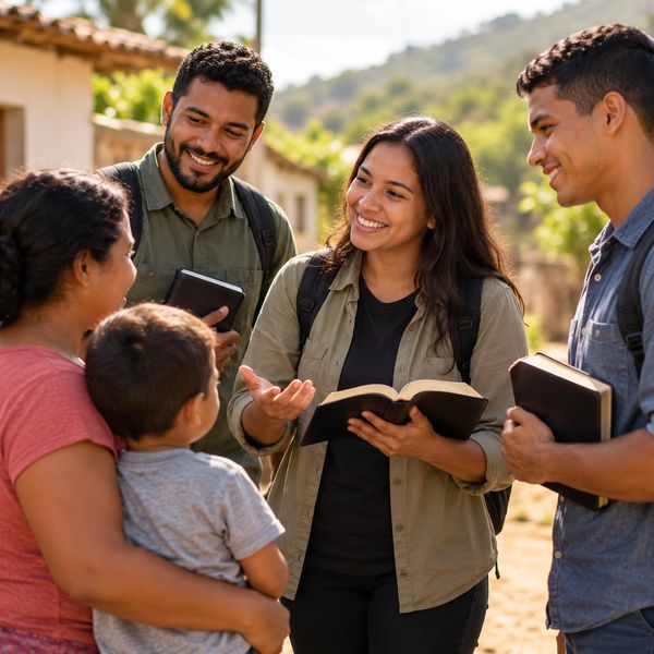 Missionários conversando com uma família numa comunidade