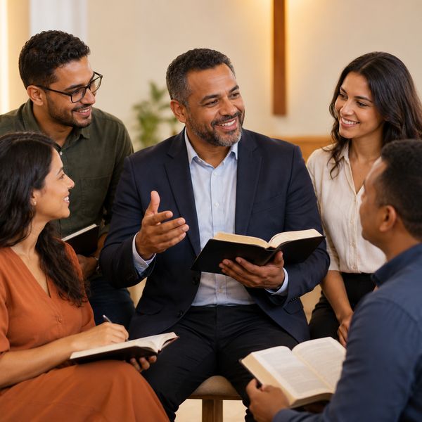 Líder de igreja conduzindo um estudo bíblico com um grupo