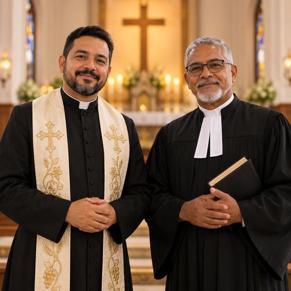 Padre e presbítero de veste clerical dentro de uma igreja