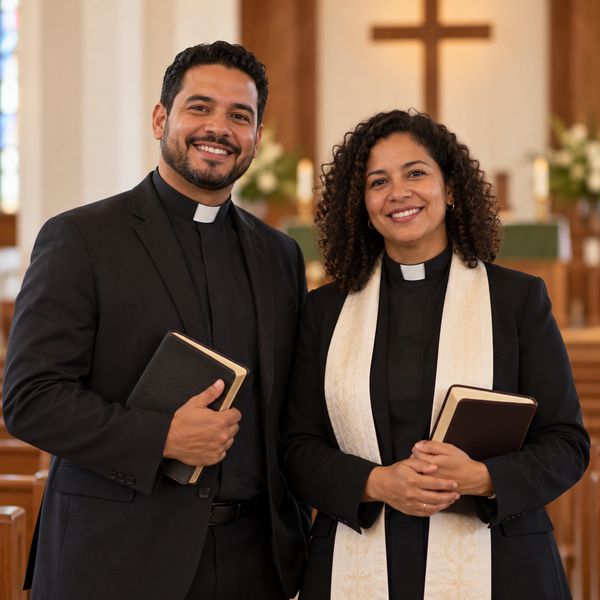 Casal de pastores sorrindo dentro de uma igreja